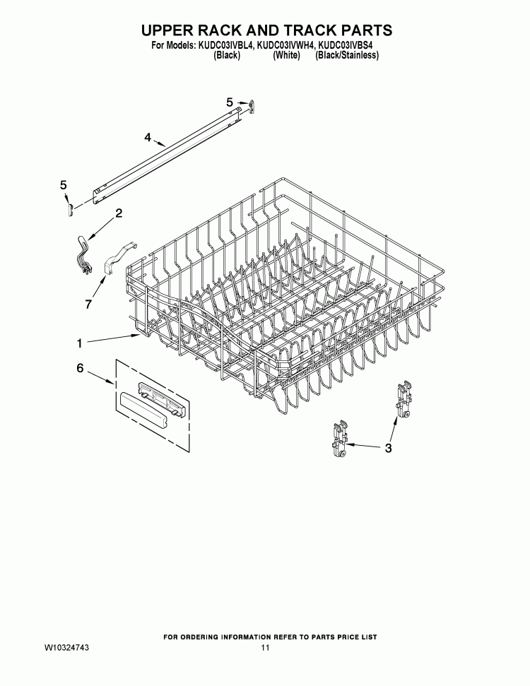 UPPER RACK AND TRACK PARTS Diagram and Parts List for KUDC03IVBL4  KitchenAid Dishwasher
