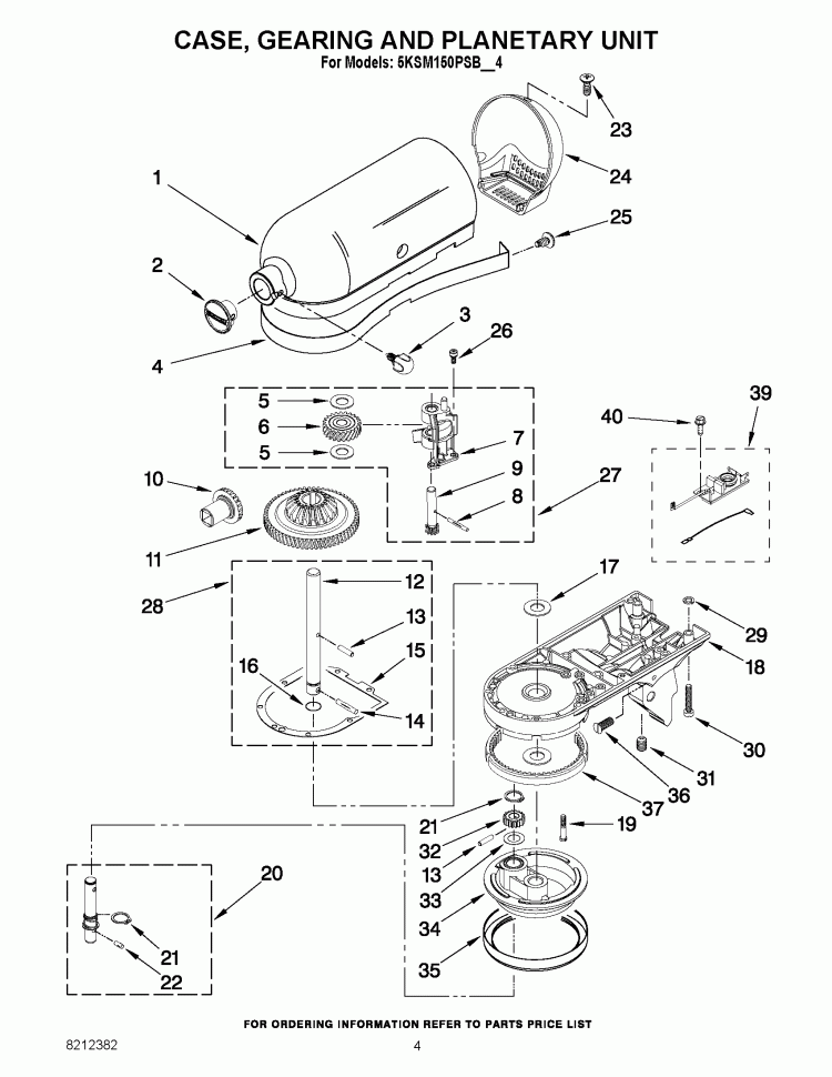 CASE, GEARING AND PLANETARY UNIT Diagram and Parts List for 5KSM150PSBCB4  KitchenAid Mixer