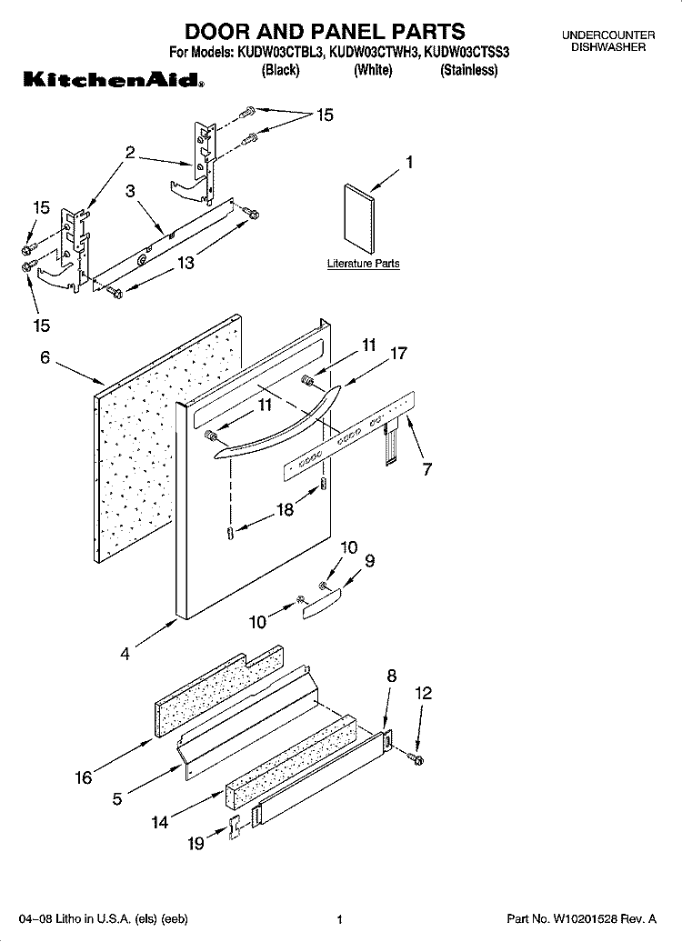 DOOR AND PANEL PARTS Diagram and Parts List for KUDW03CTBL3  KitchenAid Dishwasher