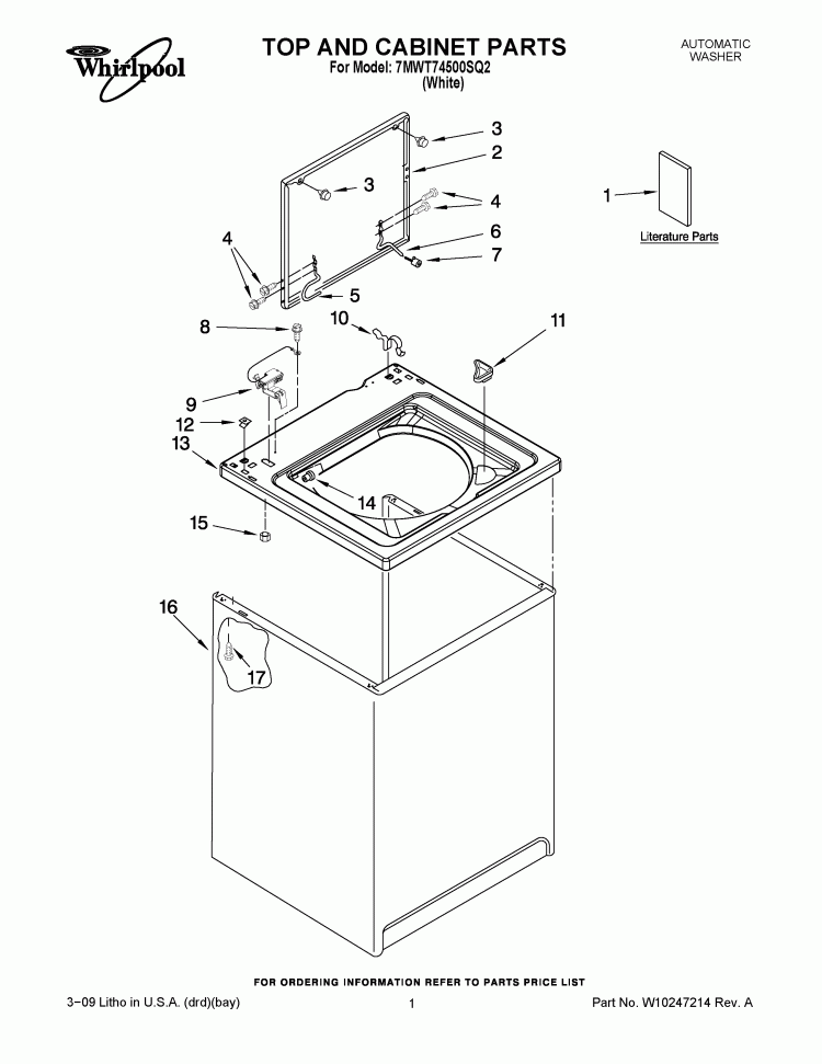 TOP AND CABINET PARTS Diagram and Parts List for 7MWT74500SQ2  Whirlpool Washer