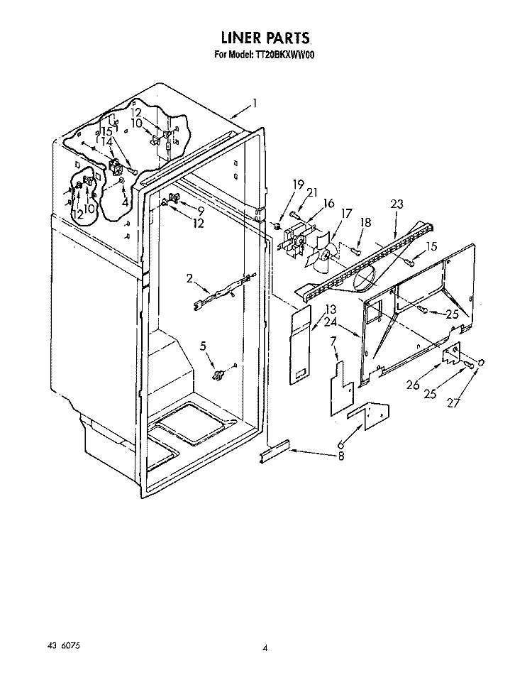 LINER Diagram and Parts List for TT20BKXWW00  Whirlpool Refrigerator
