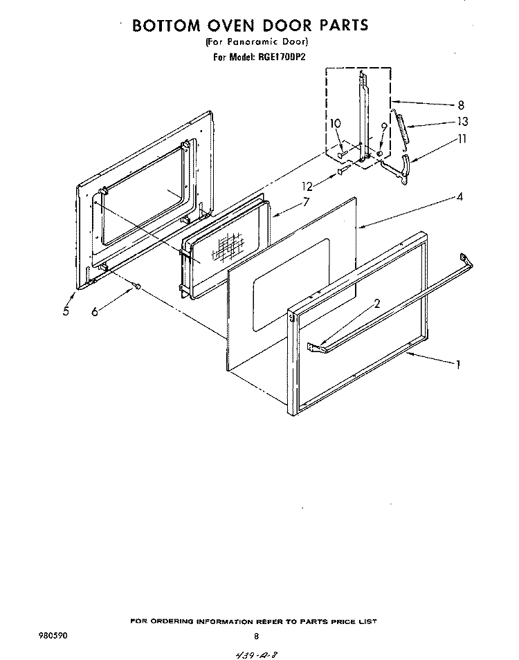 BOTTOM OVEN DOOR Diagram and Parts List for RGE1700P2  Whirlpool Wall Oven