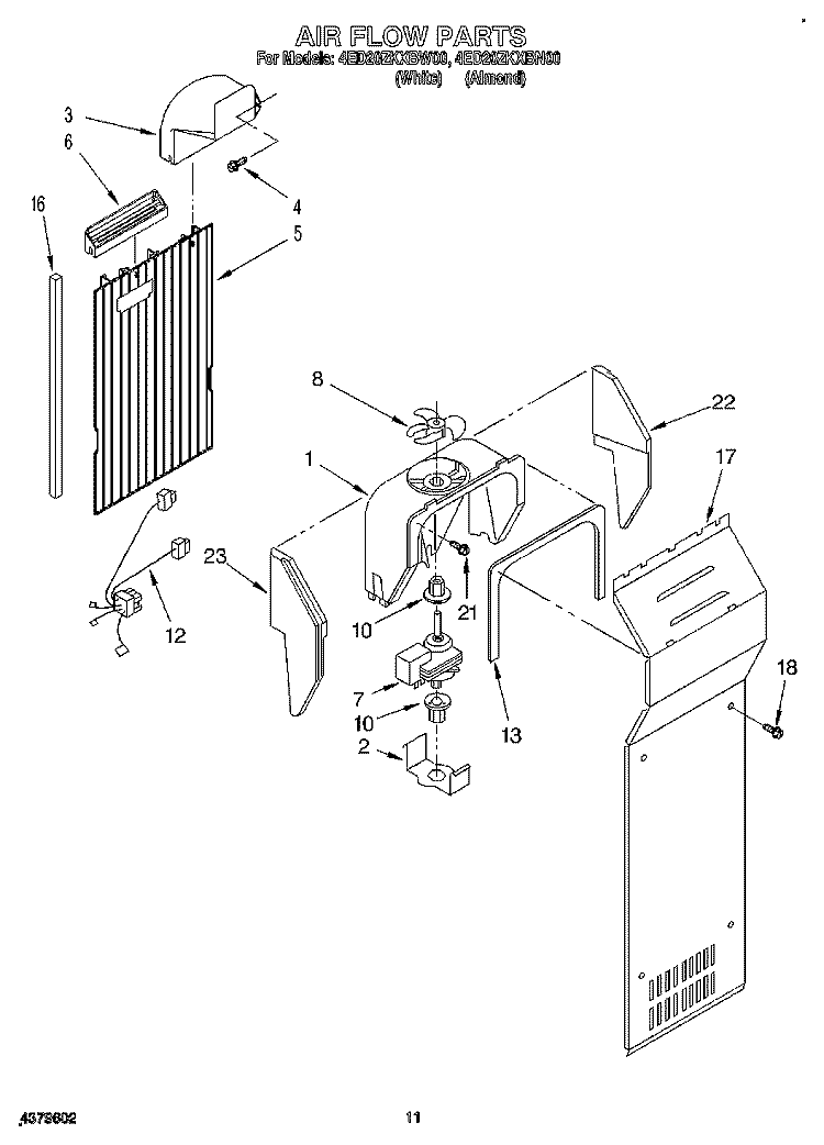 AIR FLOW Diagram and Parts List for 4ED20ZKXBW00  Whirlpool Refrigerator