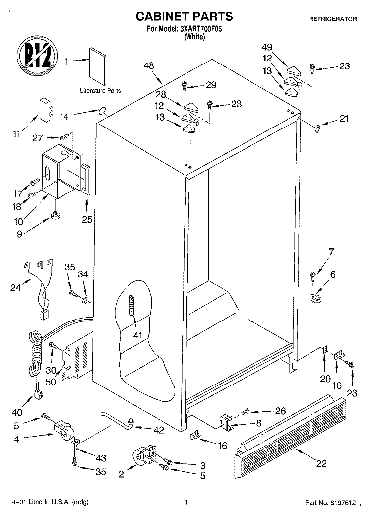 CABINET, LITERATURE Diagram and Parts List for 3XART700F05  Whirlpool Refrigerator