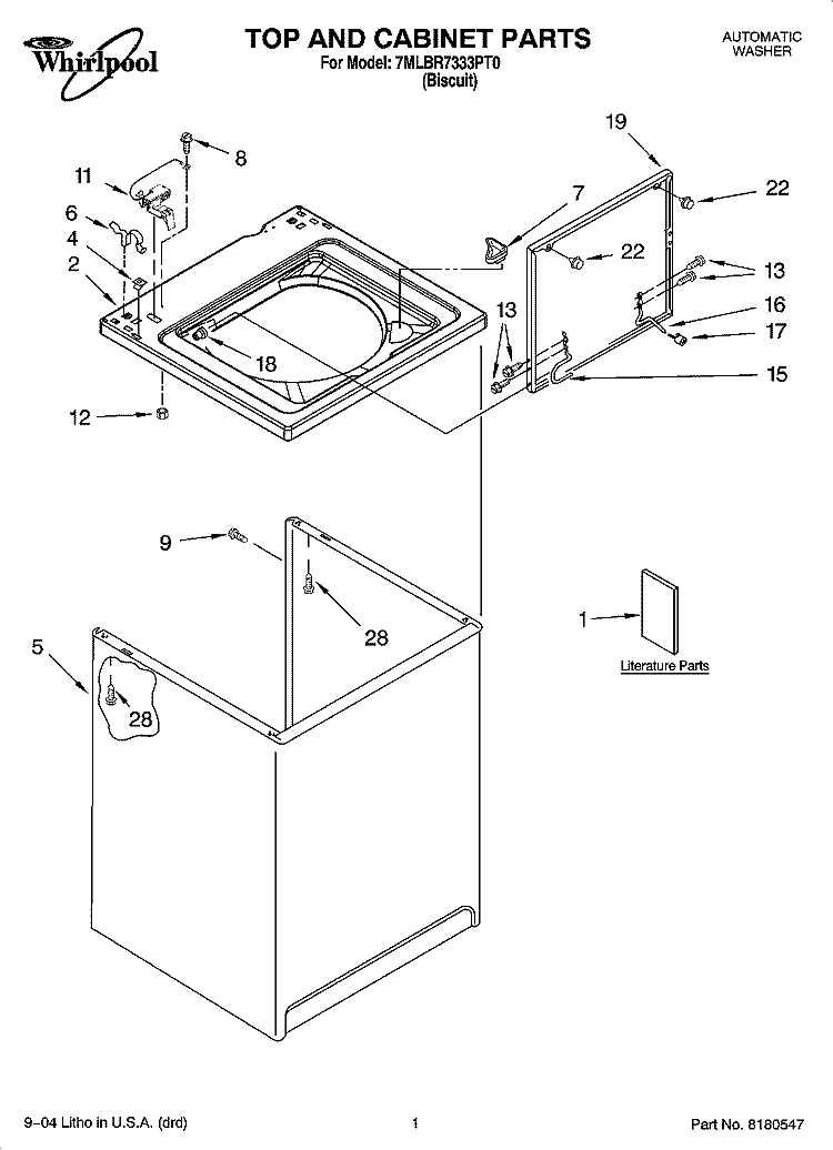TOP AND CABINET PARTS Diagram and Parts List for 7MLBR7333PT0  Whirlpool Washer