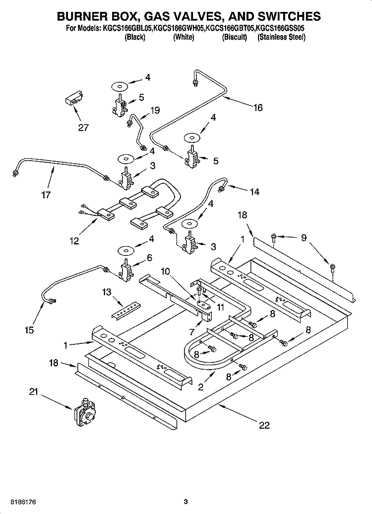 BURNER BOX, GAS VALVES, AND SWITCHES Diagram and Parts List for KGCS166GSS05  KitchenAid Cooktop