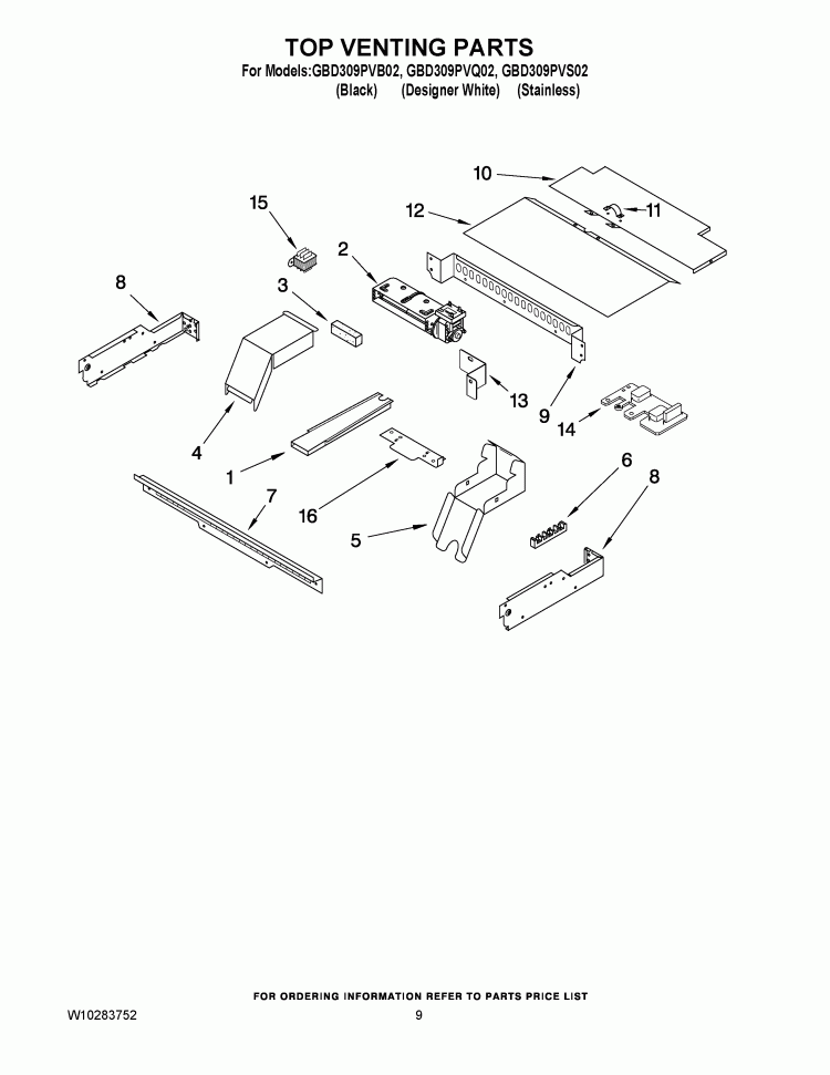 TOP VENTING PARTS Diagram and Parts List for GBD309PVS02  Whirlpool Wall Oven