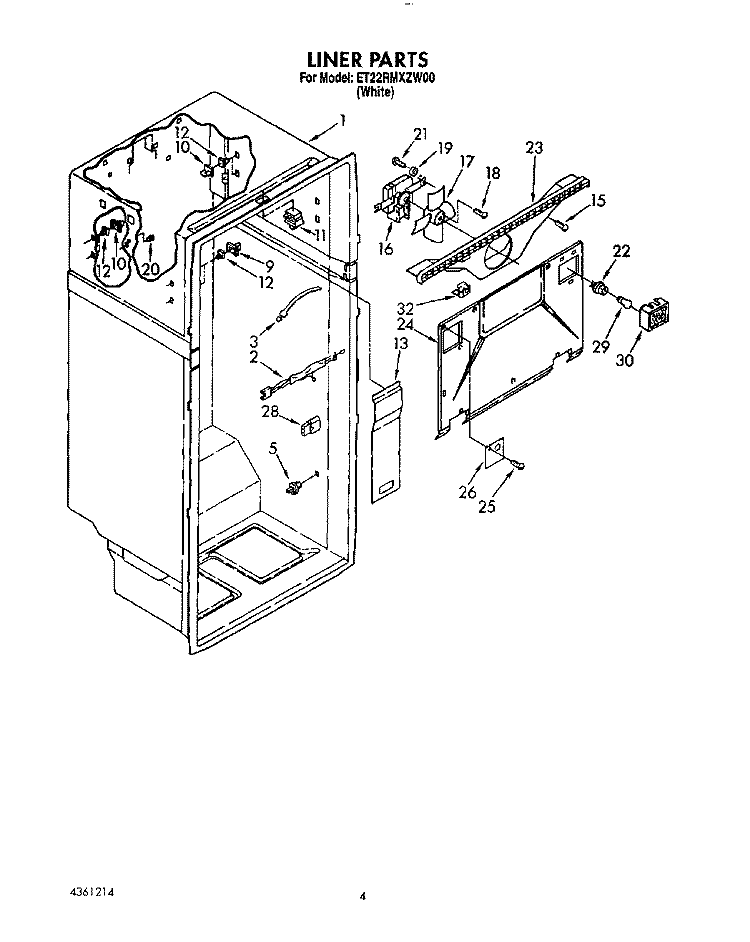 LINER Diagram and Parts List for ET22RMXZW00  Whirlpool Refrigerator