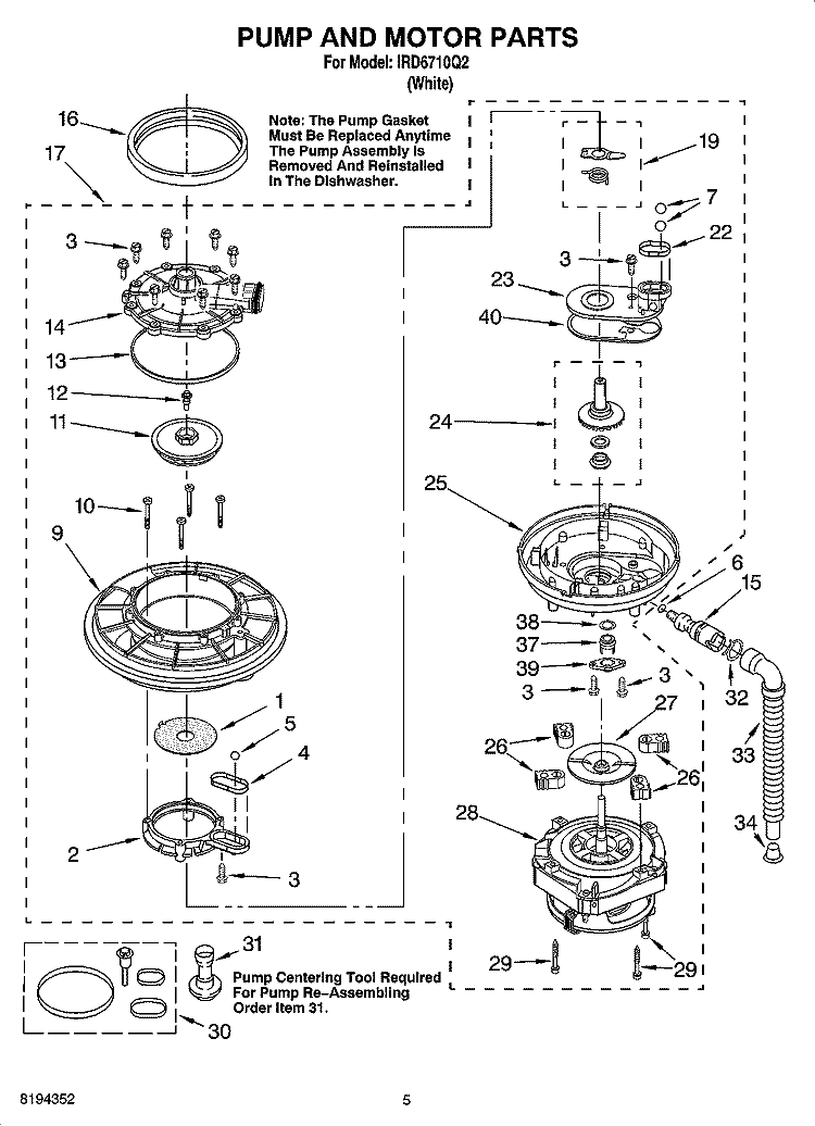 PUMP AND MOTOR PARTS Diagram and Parts List for IRD6710Q2  Inglis Dishwasher