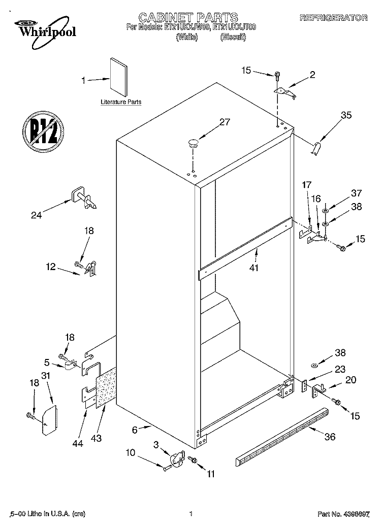 CABINET, LITERATURE Diagram and Parts List for ET21UKXJW00  Whirlpool Refrigerator