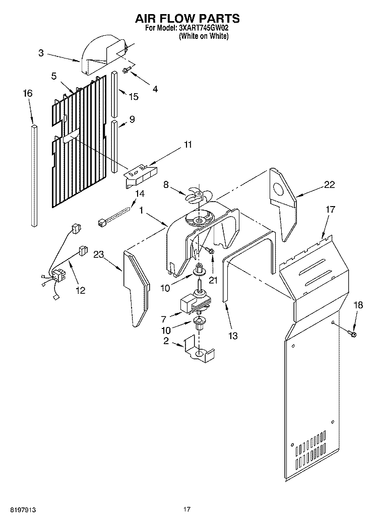 AIR FLOW Diagram and Parts List for 3XART745GW02  Whirlpool Refrigerator
