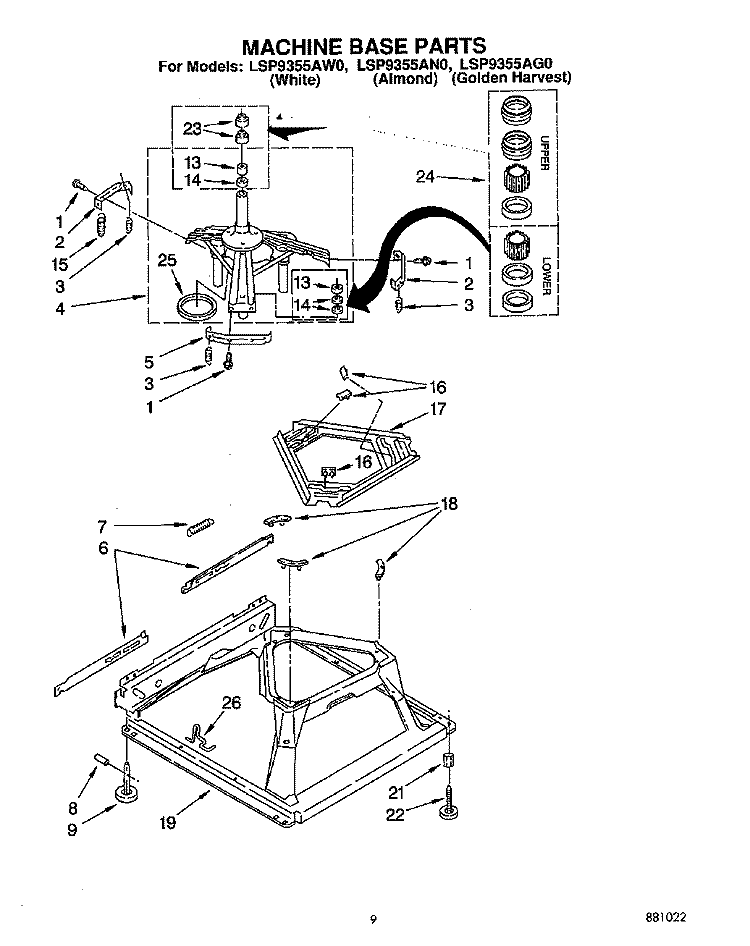 MACHINE BASE Diagram and Parts List for LSP9355AW0  Whirlpool Washer