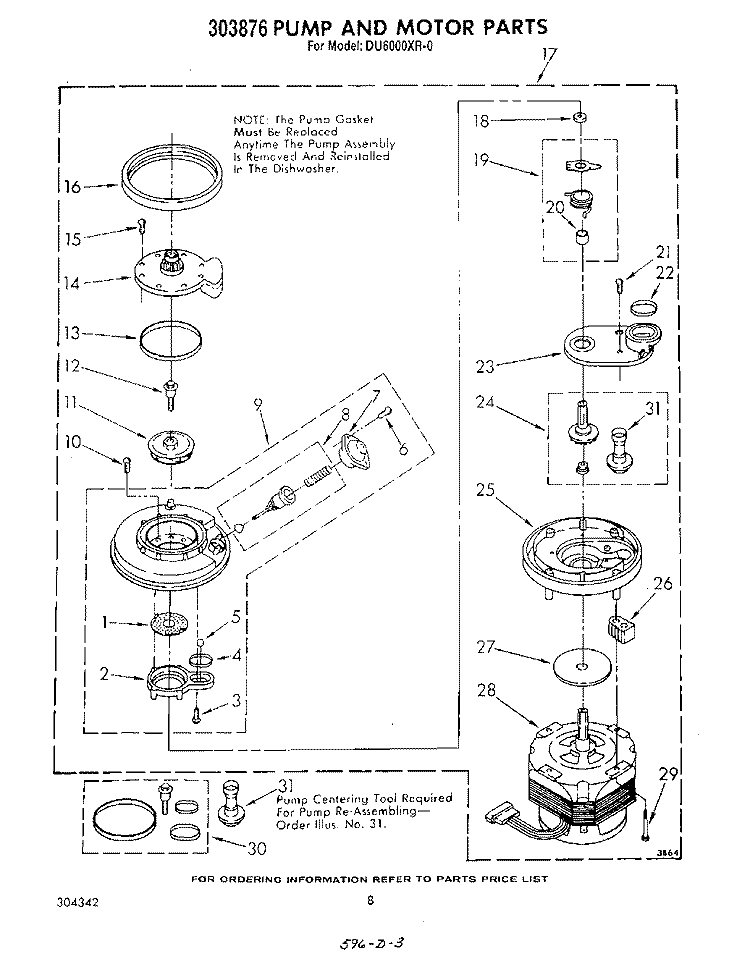 303876 PUMP AND MOTOR Diagram and Parts List for DU6000XR0  Whirlpool Dishwasher