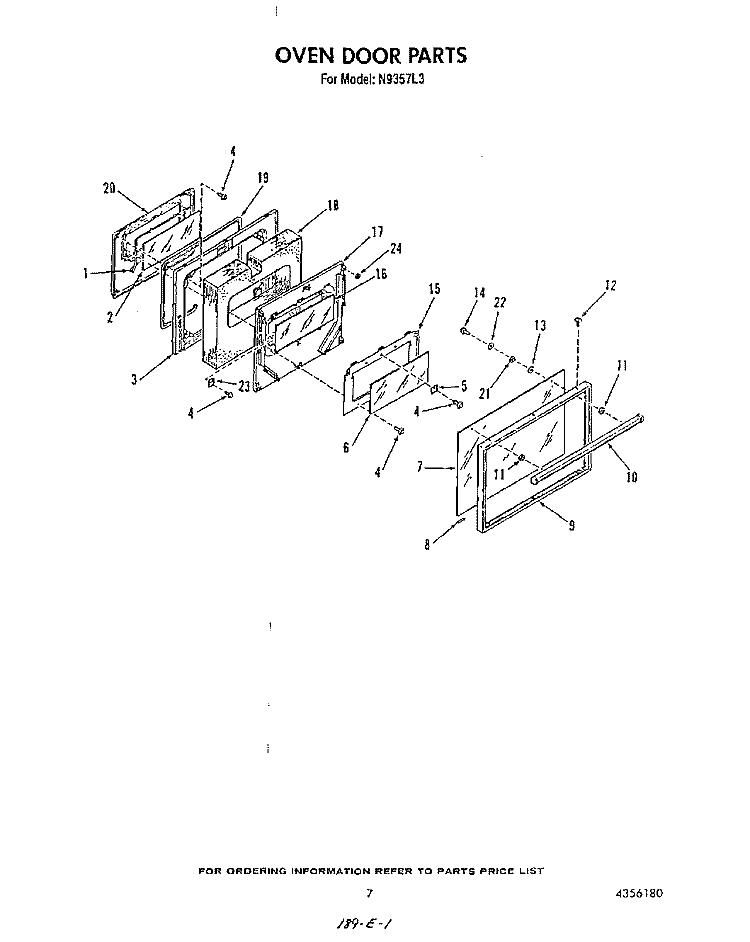 OVEN DOOR Diagram and Parts List for N9357L3  Roper Range