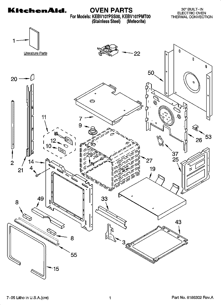 OVEN PARTS Diagram and Parts List for KEBV107PMT00  KitchenAid Wall Oven