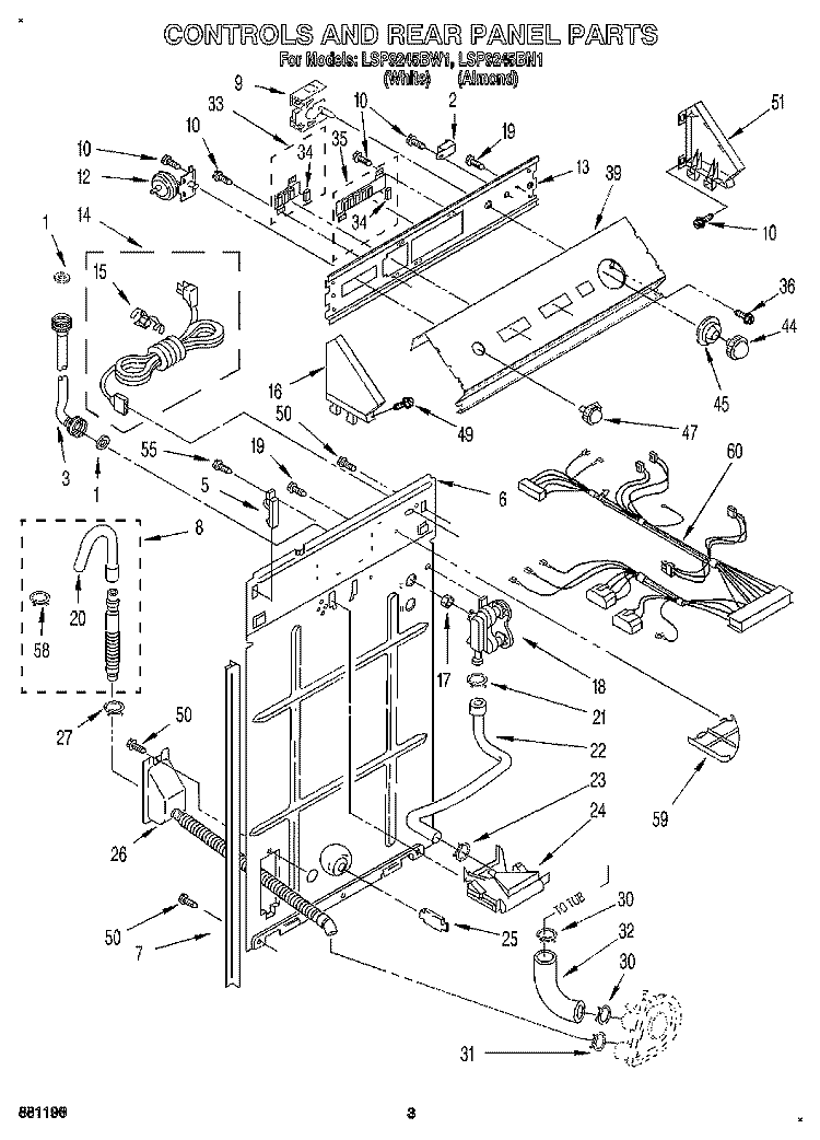 CONTROLS AND REAR PANEL Diagram and Parts List for LSP9245BN1  Whirlpool Washer