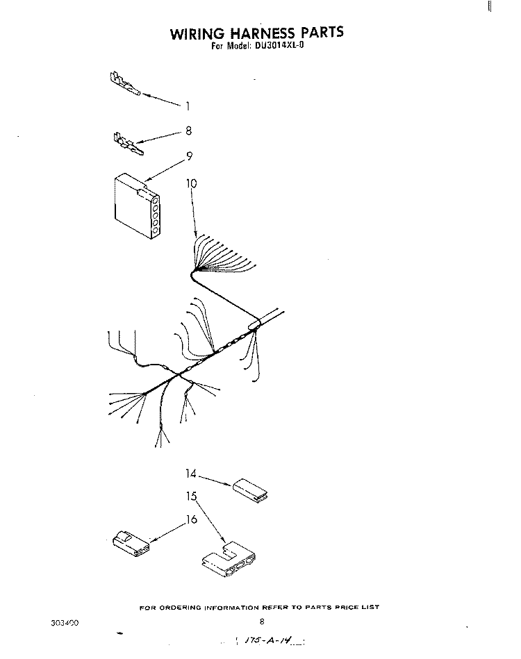 WIRING HARNESS Diagram and Parts List for DU3014XL0  Whirlpool Dishwasher