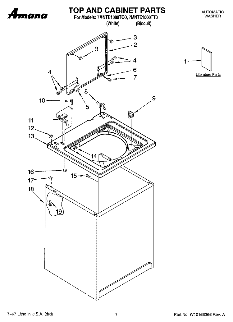 TOP AND CABINET PARTS Diagram and Parts List for 7MNTE1000TQ0  Whirlpool Washer