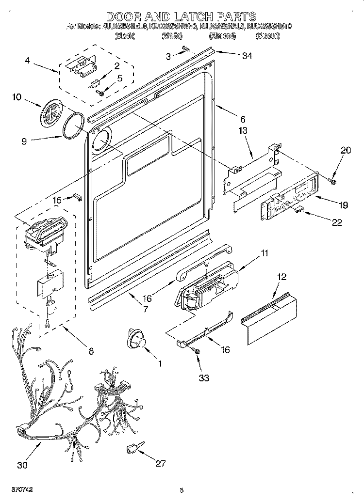 DOOR AND LATCH Diagram and Parts List for KUDG25SHAL0  KitchenAid Dishwasher