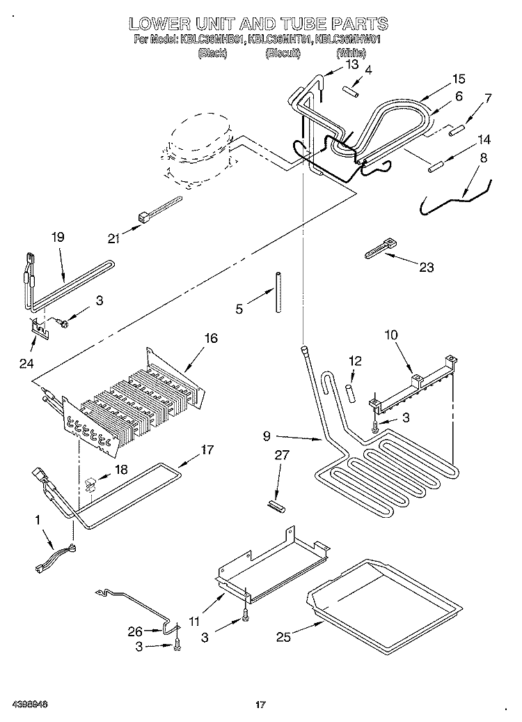 LOWER UNIT AND TUBE Diagram and Parts List for KBLC36MHT01  KitchenAid Refrigerator