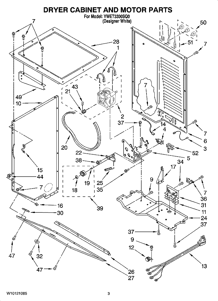DRYER CABINET AND MOTOR PARTS Diagram and Parts List for YWET3300SQ0  Whirlpool Washer Dryer Combo