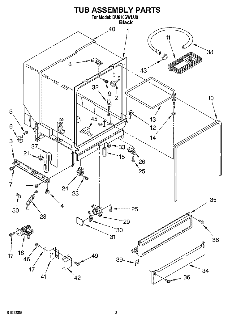 TUB ASSEMBLY PARTS Diagram and Parts List for DU810SWLU0  Whirlpool Dishwasher