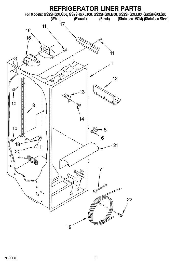 REFRIGERATOR LINER Diagram and Parts List for GS2SHGXLQ00  Whirlpool Refrigerator