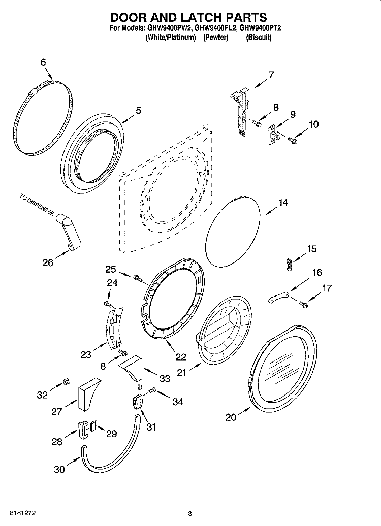 DOOR AND LATCH PARTS Diagram and Parts List for GHW9400PW2  Whirlpool Washer