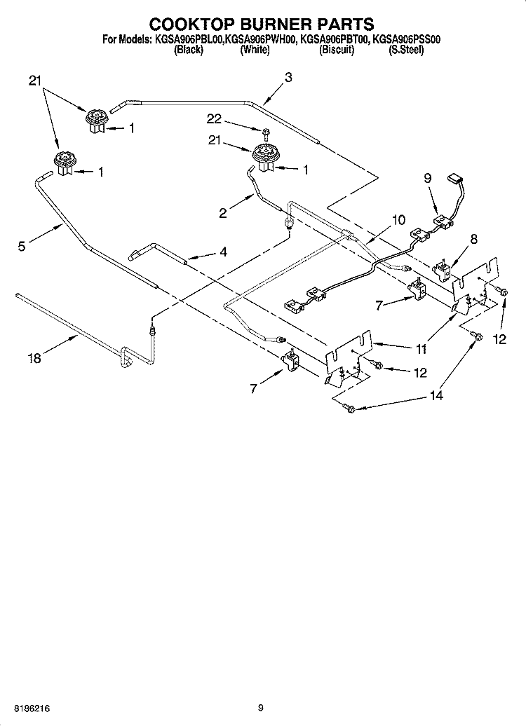 COOKTOP BURNER PARTS Diagram and Parts List for KGSA906PBL00  KitchenAid Range