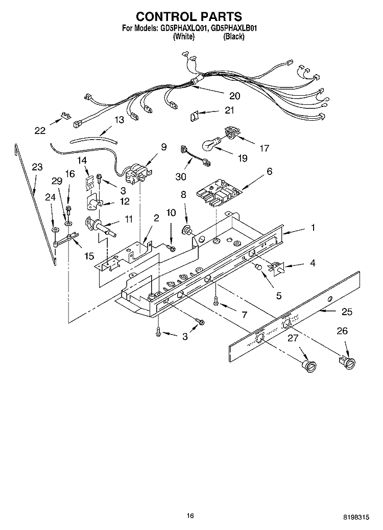 CONTROL PARTS Diagram and Parts List for GD5PHAXLQ01  Whirlpool Refrigerator