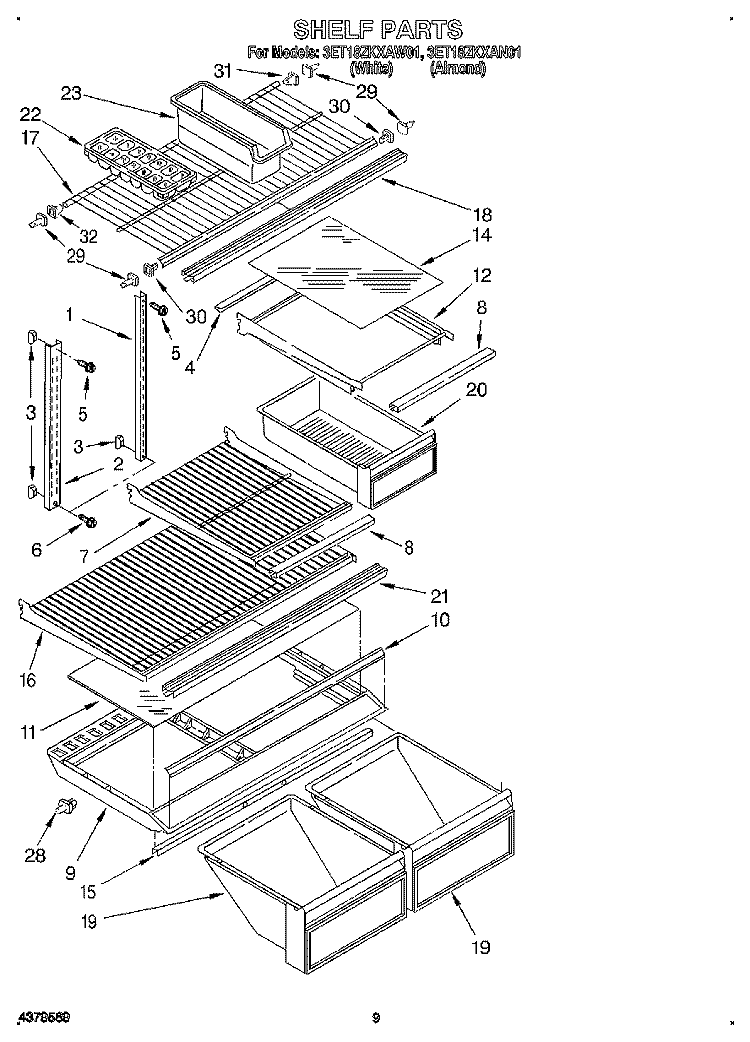 SHELF Diagram and Parts List for 3ET18ZKXAN01  Whirlpool Refrigerator