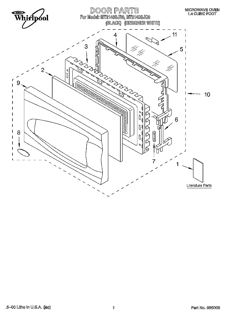 DOOR, LITERATURE Diagram and Parts List for MT2140SJB0  Whirlpool Microwave