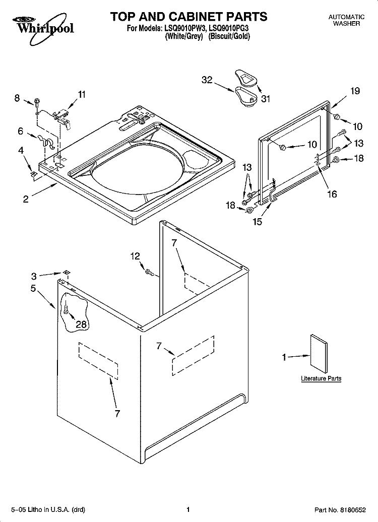 TOP AND CABINET PARTS Diagram and Parts List for LSQ9010PG3  Whirlpool Washer