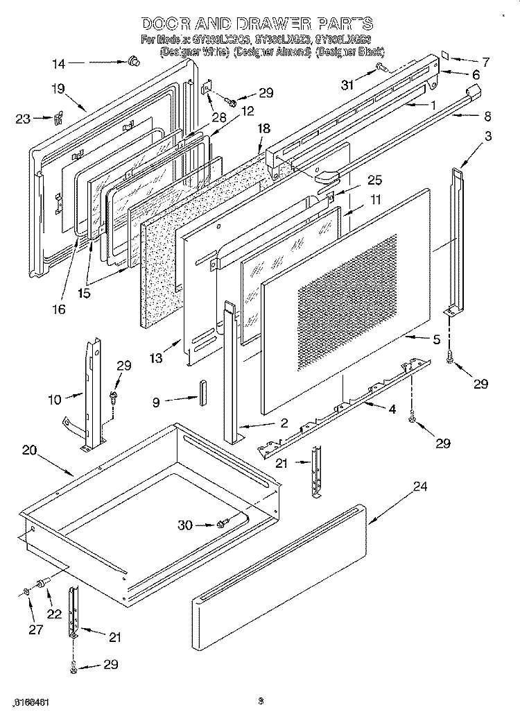DOOR AND DRAWER Diagram and Parts List for GY396LXGB3  Whirlpool Range