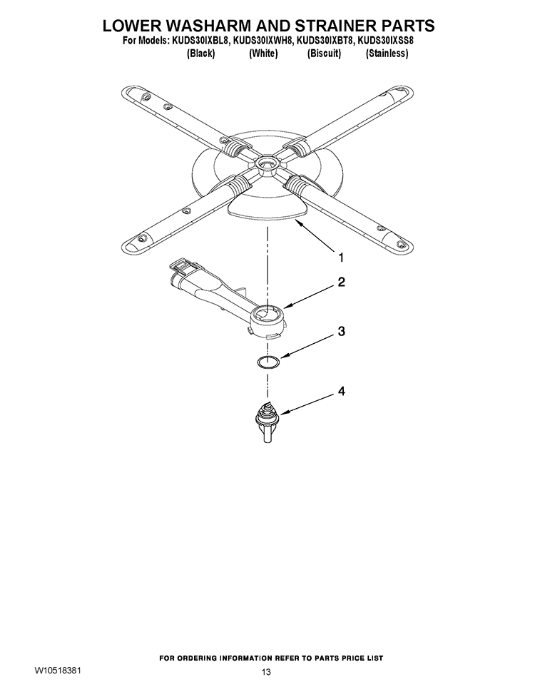 LOWER WASHARM AND STRAINER PARTS Diagram and Parts List for KUDS30IXBL8  KitchenAid Dishwasher