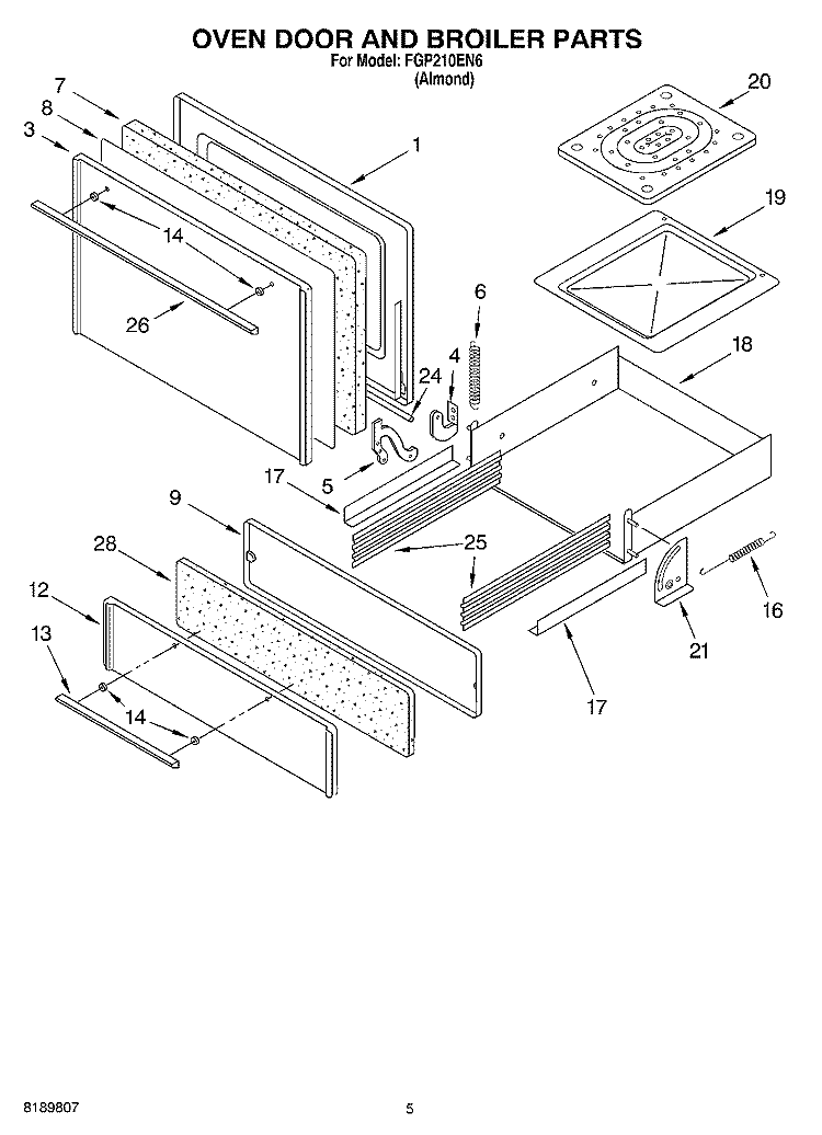 OVEN DOOR AND BROILER Diagram and Parts List for FGP210EN6  Roper Range