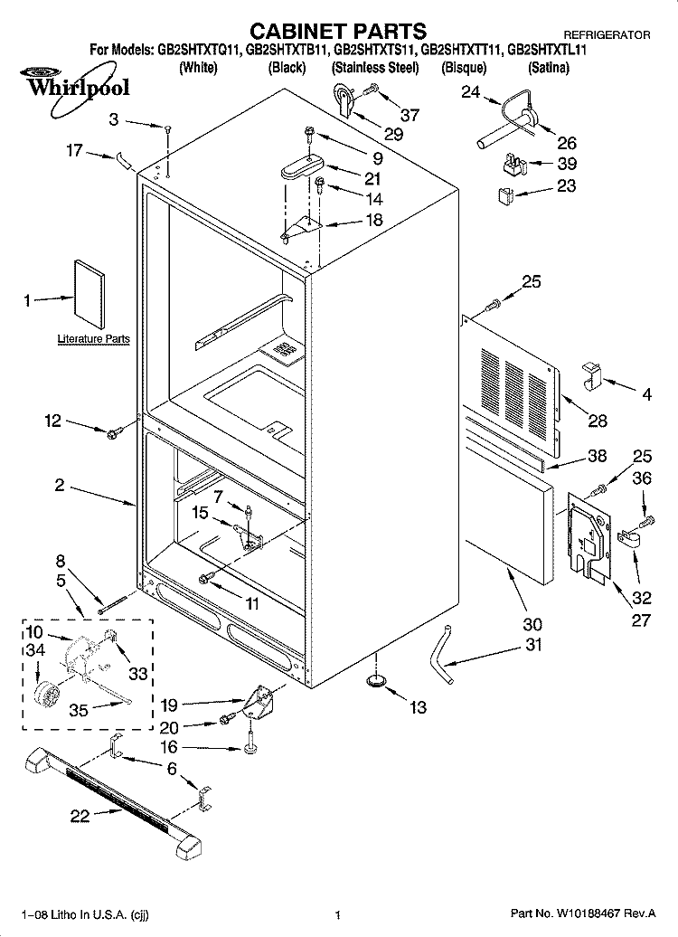 CABINET PARTS Diagram and Parts List for GB2SHTXTT11  Whirlpool Refrigerator