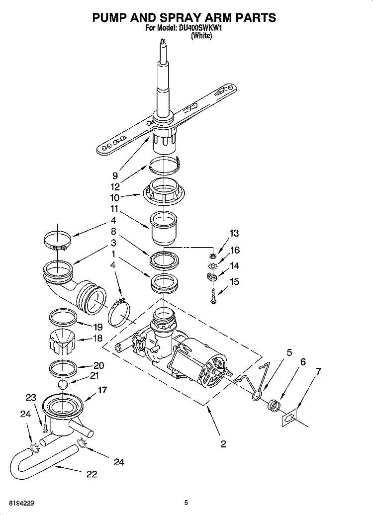 PUMP AND SPRAY ARM PARTS Diagram and Parts List for DU400SWKW1  Whirlpool Dishwasher