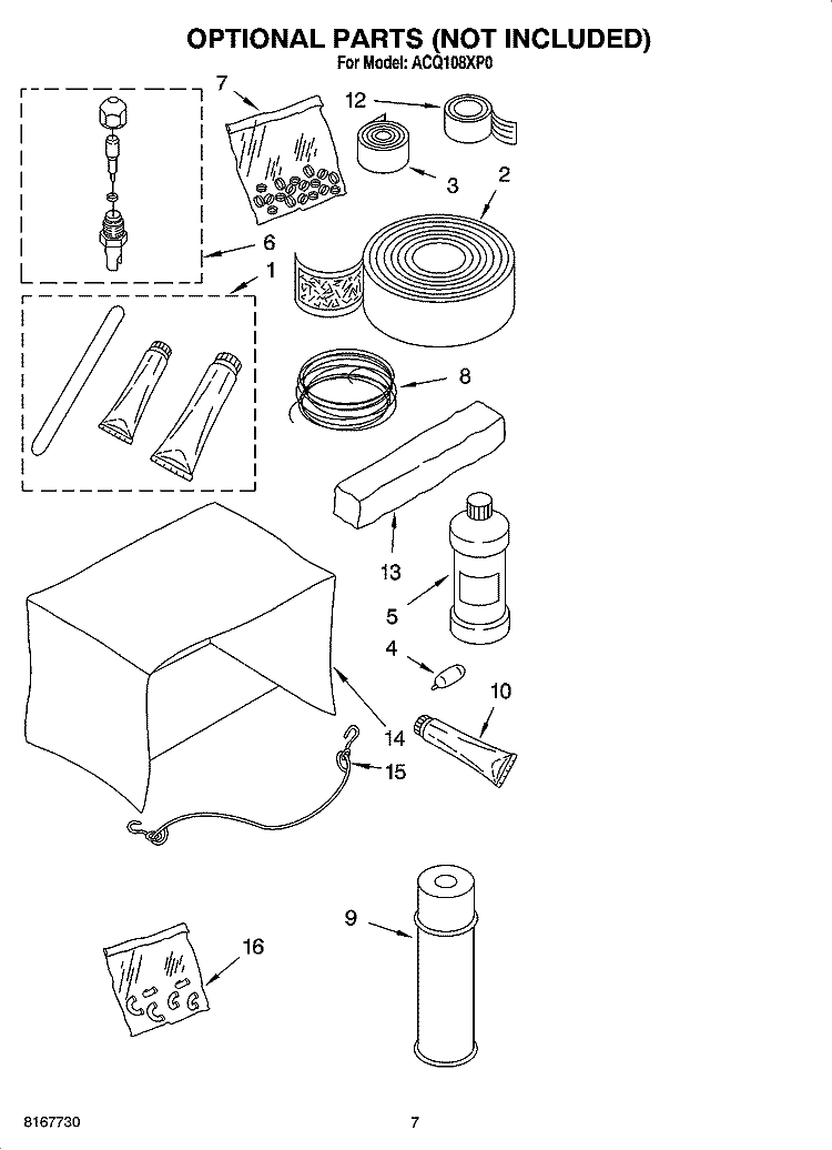 OPTIONAL  PARTS (NOT INCLUDED) Diagram and Parts List for ACQ108XP0  Whirlpool Air Conditioner