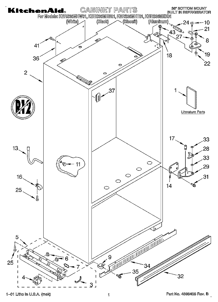 CABINET, LITERATURE Diagram and Parts List for KBRS36MHX01  KitchenAid Refrigerator