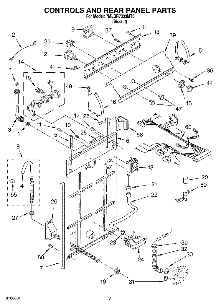 CONTROLS AND REAR PANEL PARTS Diagram and Parts List for 7MLBR7333MT0  Whirlpool Washer