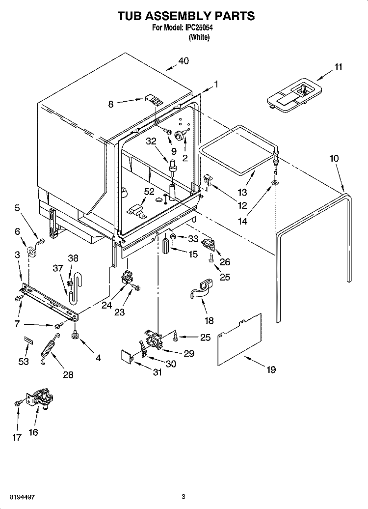 TUB ASSEMBLY PARTS Diagram and Parts List for IPC25054  Inglis Dishwasher