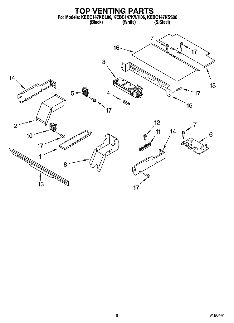 TOP VENTING PARTS, OPTIONAL PARTS Diagram and Parts List for KEBC147KWH06  KitchenAid Wall Oven