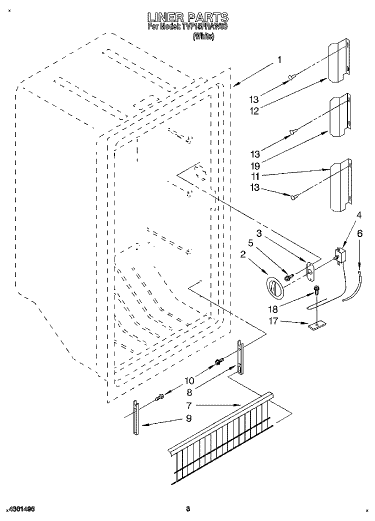 LINER, LIT/OPTIONAL Diagram and Parts List for TVF15FRAW00  Whirlpool Freezer