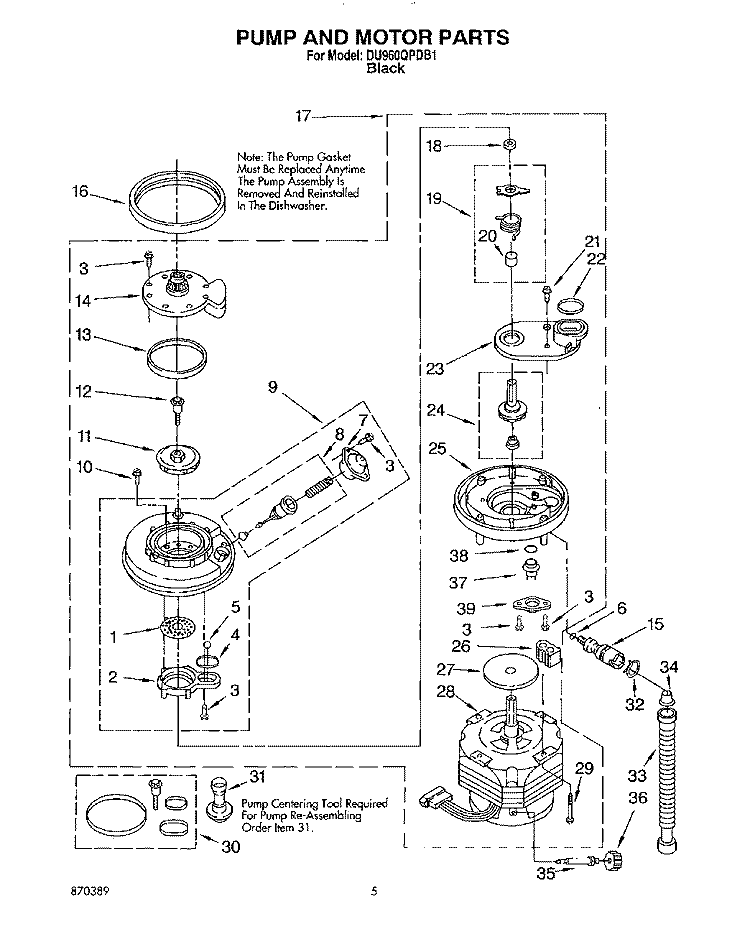 PUMP AND MOTOR Diagram and Parts List for DU960QPDB1  Whirlpool Dishwasher