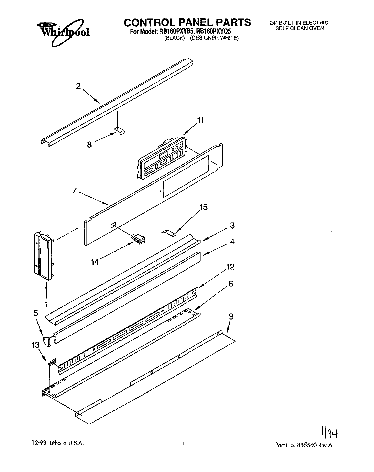 CONTROL PANEL Diagram and Parts List for RB160PXYQ5  Whirlpool Wall Oven