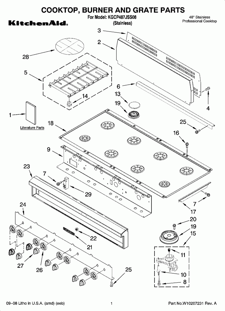 COOKTOP, BURNER AND GRATE PARTS Diagram and Parts List for KGCP487JSS08  KitchenAid Cooktop
