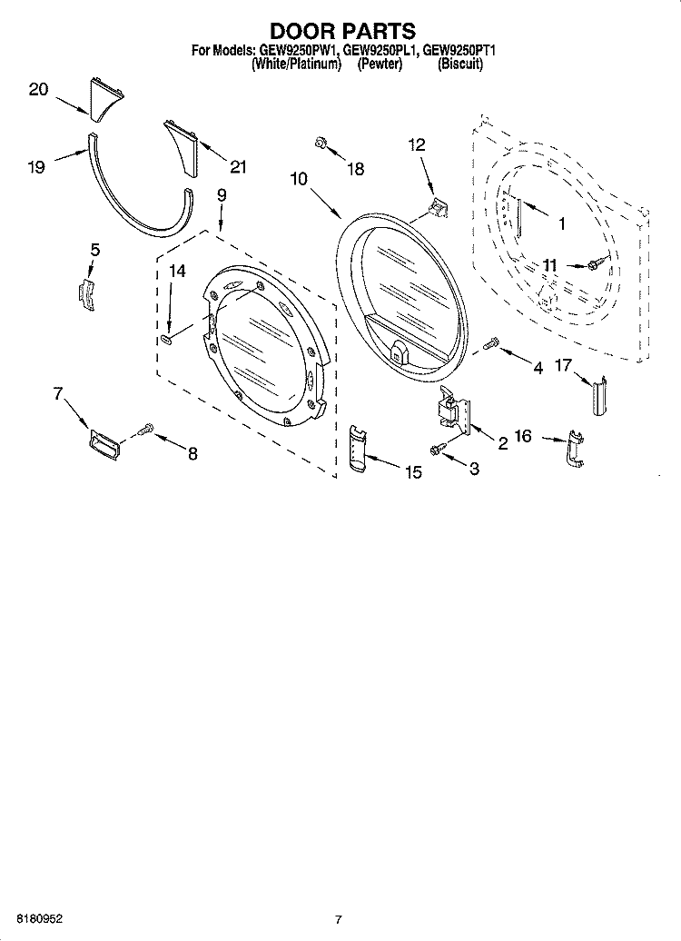 DOOR PARTS, OPTIONAL PARTS (NOT INCLUDED) Diagram and Parts List for GEW9250PL1  Whirlpool Dryer