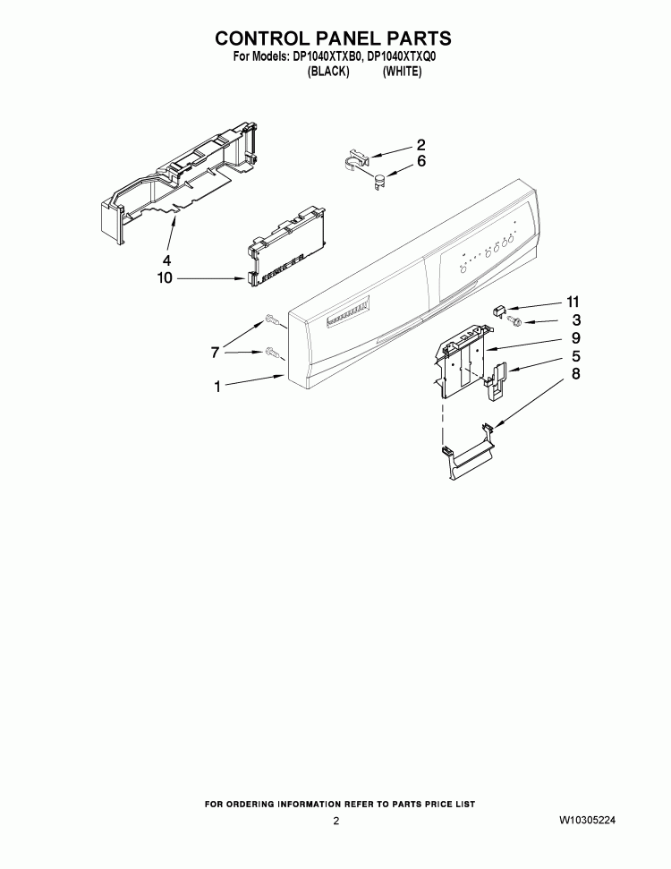 CONTROL PANEL PARTS Diagram and Parts List for DP1040XTXB0  Whirlpool Dishwasher