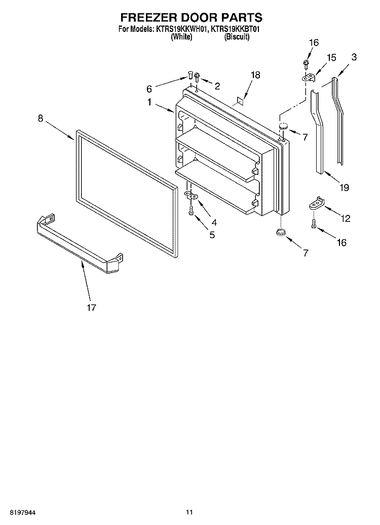 FREEZER DOOR, OPTIONAL Diagram and Parts List for KTRS19KKWH01  KitchenAid Refrigerator